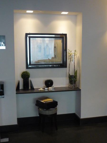 In a niche of the Hotel you will find pair of triangular BOOKENDS in black plexi; a GLOBE vase big black crystal on squared brass nichel plated base, and on the wall big picture frame in oak black wood inserted with metal with antic print with ARCHITECTURE theme. 