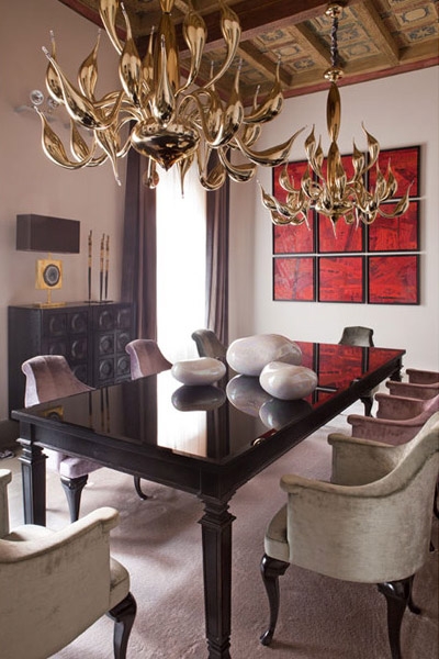 In the beautiful house of Mr Mauro Grillini, President of KDM International,our lamps Aral in natural brass finish vintage effect vintage with real agate stone and brown lampshade, and Piramide in natural brass, ivory pleated shade.