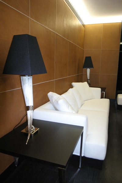 RECORDING STUDIO Pair table lamps with real natural horn ZEBU, on brass nichel plated squared base; black shades 